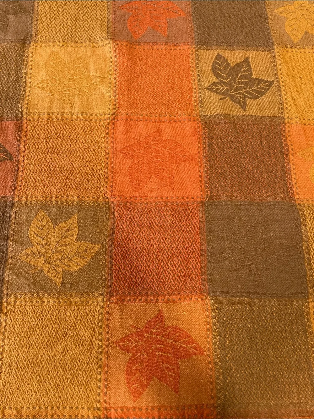Fall Autumn Plaid Tablecloth Cotton Leaves Orange Brown 71 x 52”